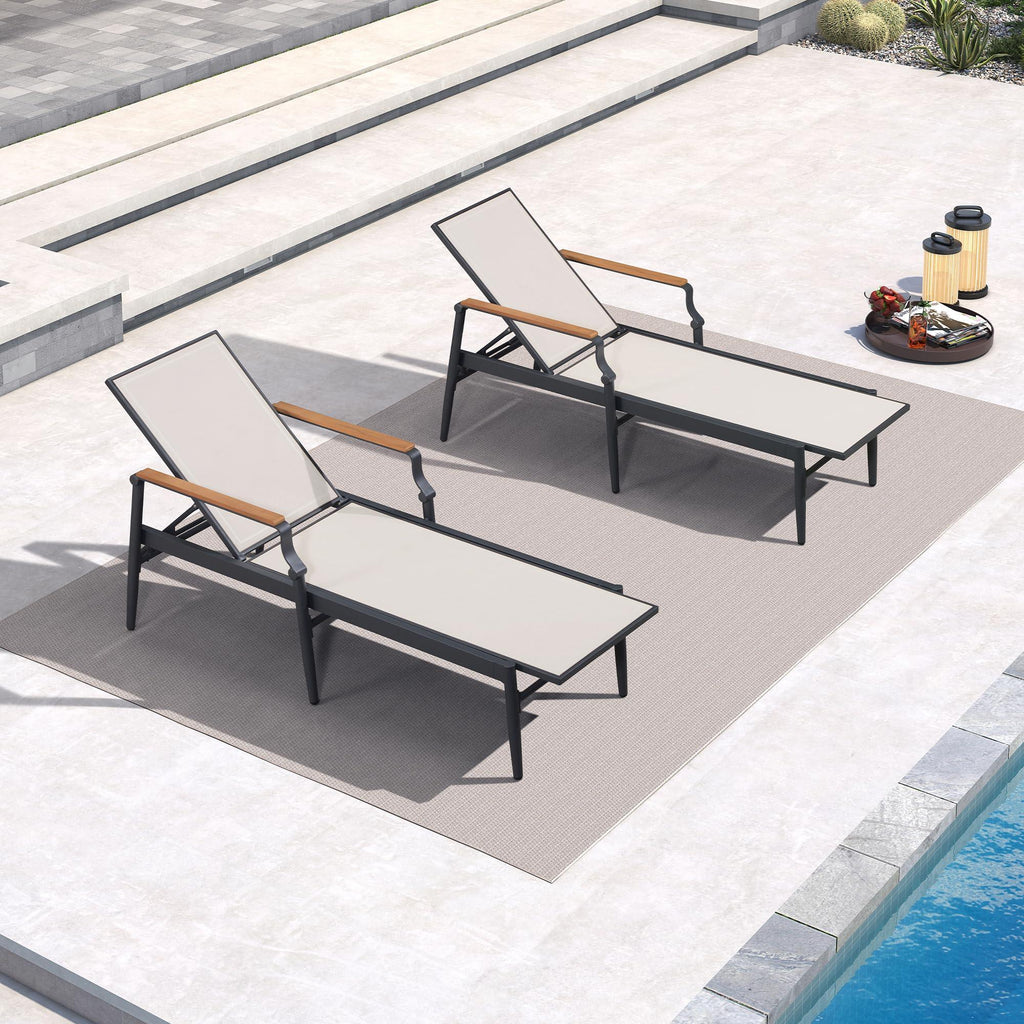 PURPLE LEAF Outdoor Chaise Lounge Chair Set of 2 Patio Pool Lounger Aluminum Chairs with Wooden Armrest Sunbathing Tanning Recliner for Outside Backyard White
