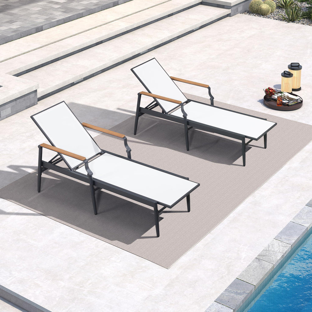 PURPLE LEAF Outdoor Chaise Lounge Chair Set of 2 Patio Pool Lounger Aluminum Chairs with Wooden Armrest Sunbathing Tanning Recliner for Outside Backyard White