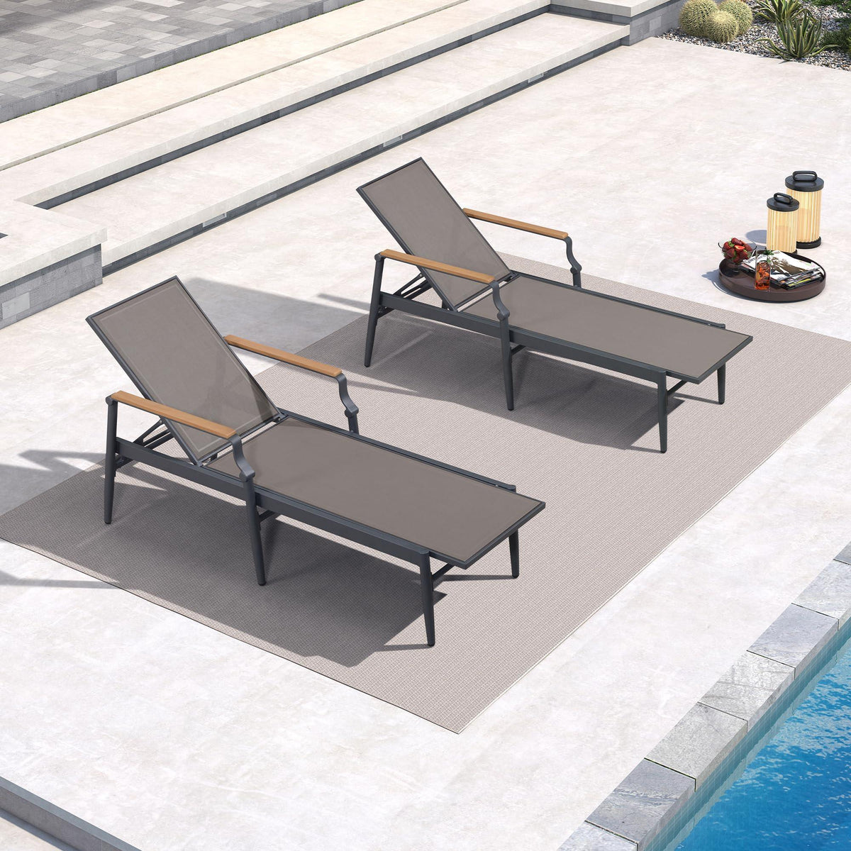 PURPLE LEAF Outdoor Chaise Lounge Chair Set of 2 Patio Pool Lounger Aluminum Chairs with Wooden Armrest Sunbathing Tanning Recliner for Outside Backyard White