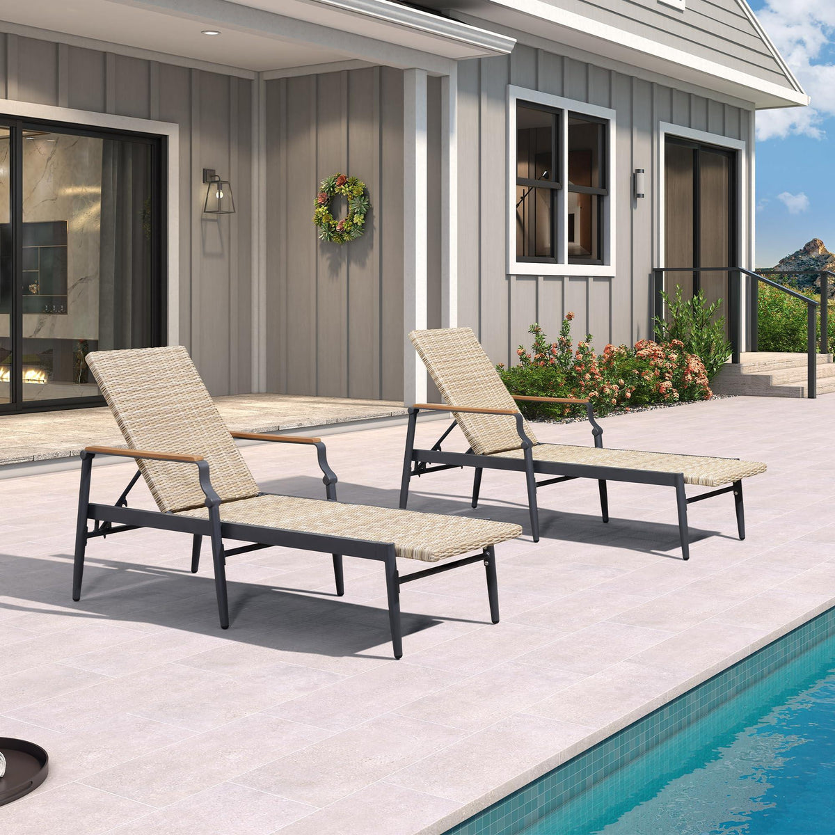 PURPLE LEAF Outdoor Chaise Lounge Chair Set of 2 Patio Pool Lounger Aluminum Chairs with Wooden Armrest Sunbathing Tanning Recliner for Outside Backyard White