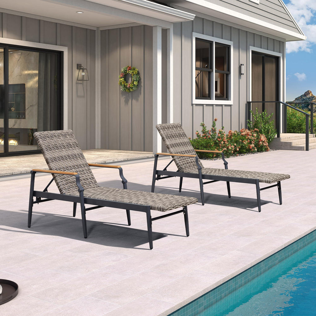 PURPLE LEAF Outdoor Chaise Lounge Chair Set of 2 Patio Pool Lounger Aluminum Chairs with Wooden Armrest Sunbathing Tanning Recliner for Outside Backyard White