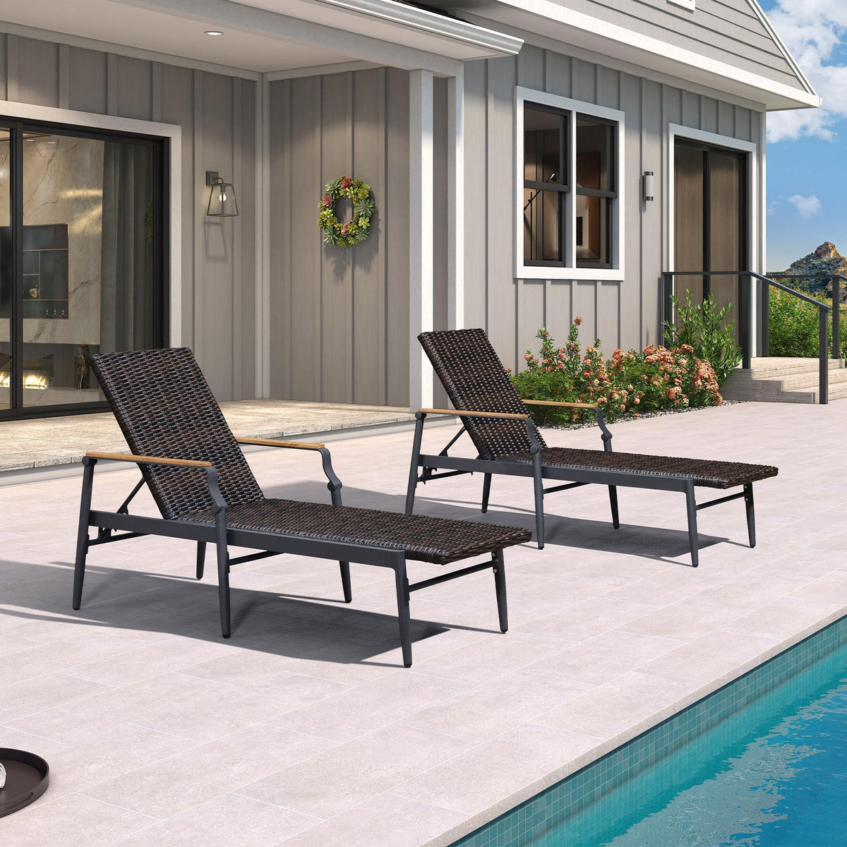 PURPLE LEAF Outdoor Chaise Lounge Chair Set of 2 Patio Pool Lounger Aluminum Chairs with Wooden Armrest Sunbathing Tanning Recliner for Outside Backyard White