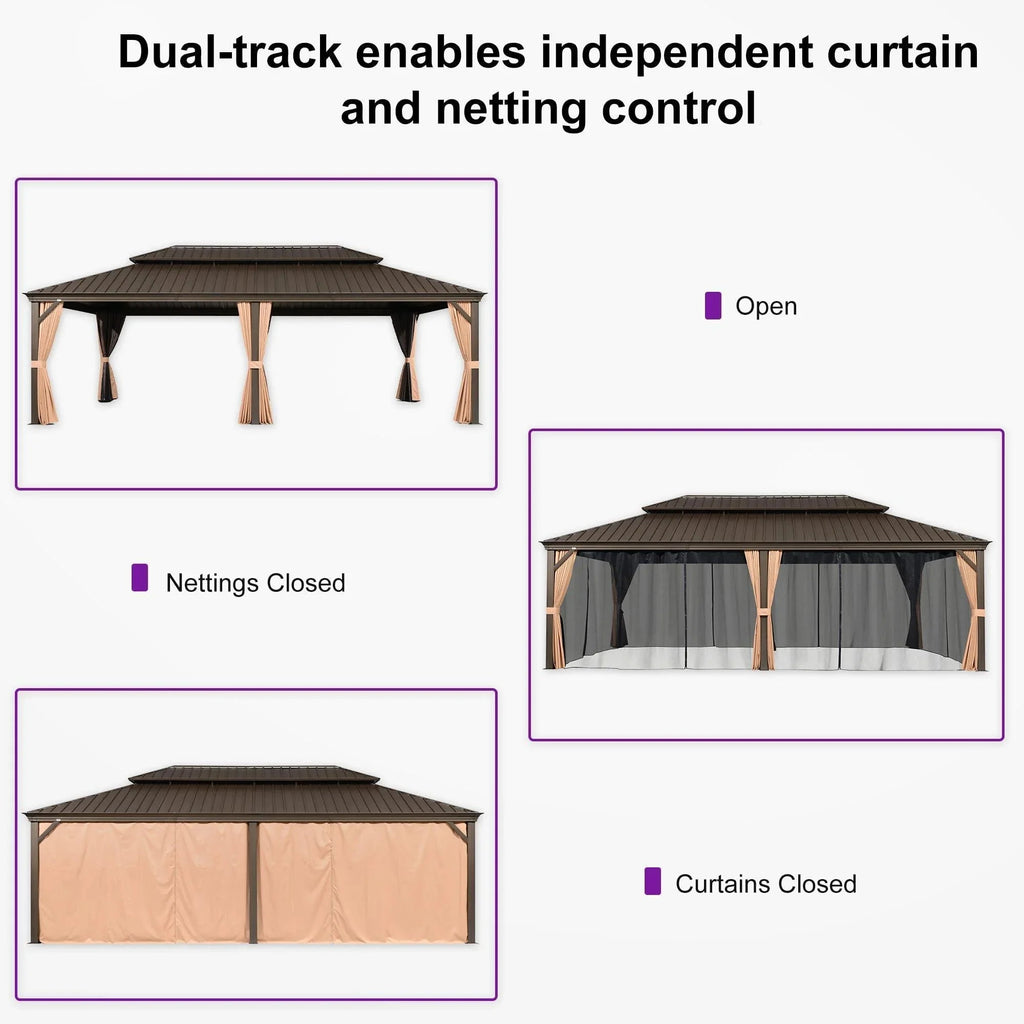 PURPLE LEAF Outdoor Hardtop Gazebo for Garden Bronze Double Roof Aluminum Frame Pavilion with Reinforcement Support Rod