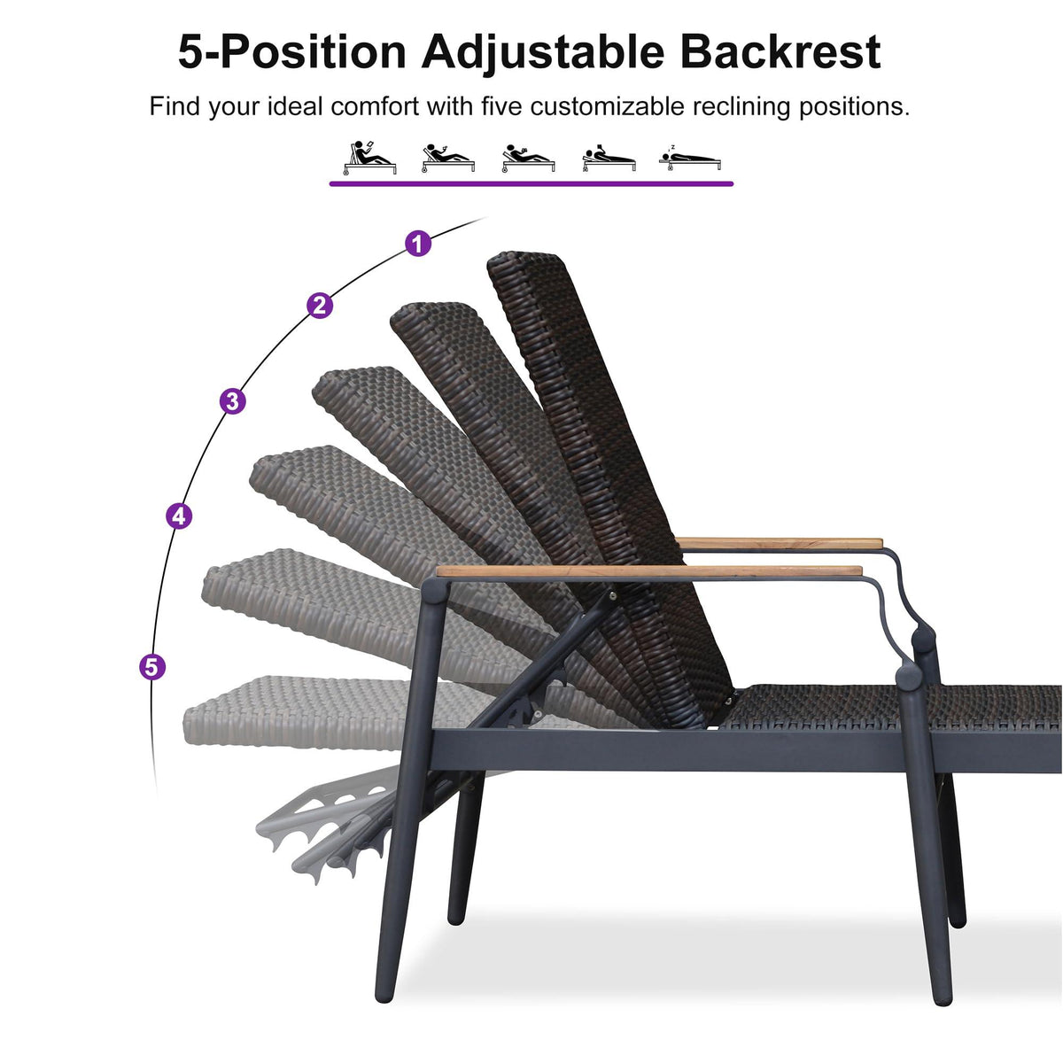PURPLE LEAF Outdoor Chaise Lounge Chair Set of 2 Patio Pool Lounger Aluminum Chairs with Wooden Armrest Sunbathing Tanning Recliner for Outside Backyard White