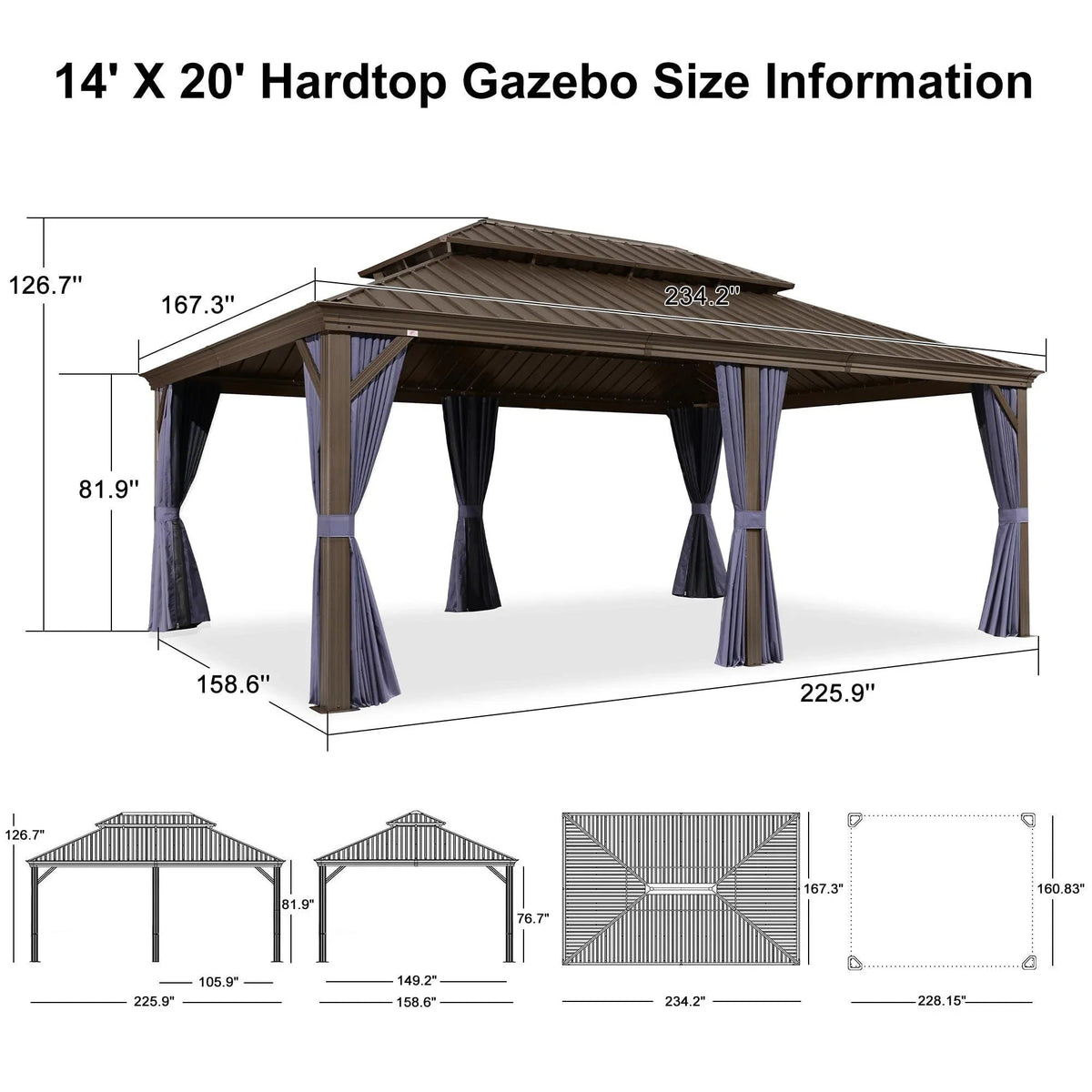 PURPLE LEAF Outdoor Hardtop Gazebo for Patio Bronze Aluminum Frame Pavilion with Navy-Blue Curtain and Reinforced Support Rods