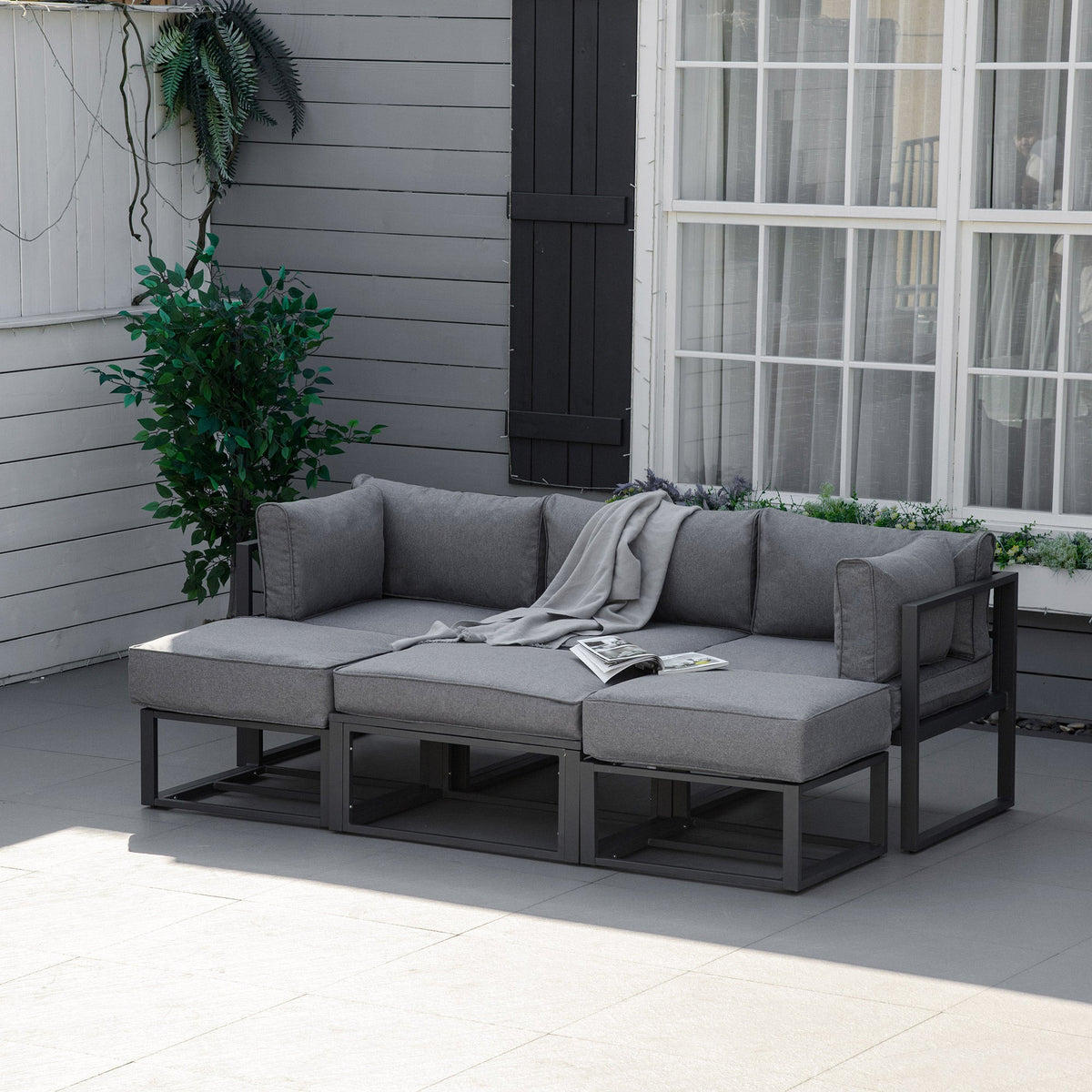 6pc Outdoor Patio Furniture Set with Daybed and Footstools, Grey