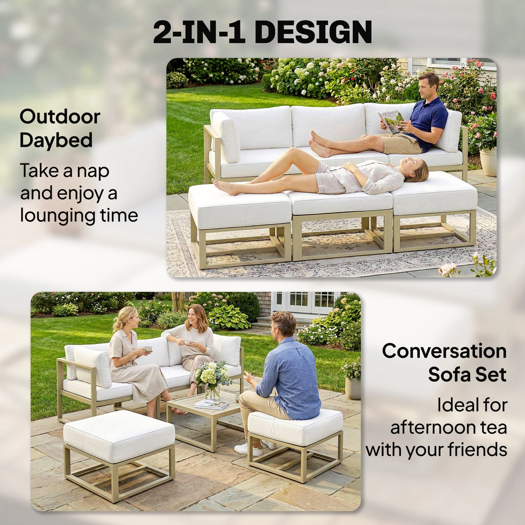 6 Piece Garden Daybed Set with Coffee Table and Footstool, Cream White