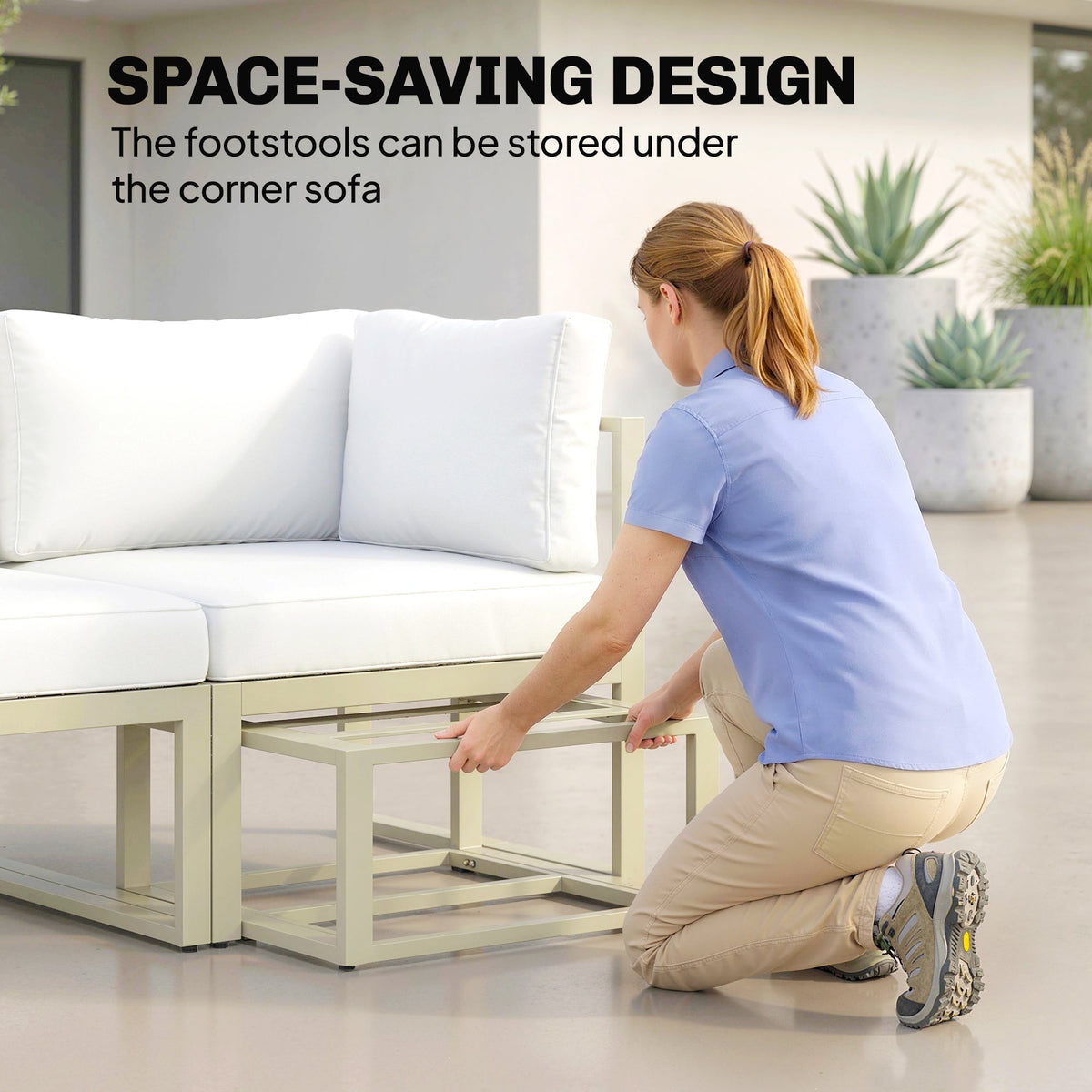 6 Piece Garden Daybed Set with Coffee Table and Footstool, Cream White