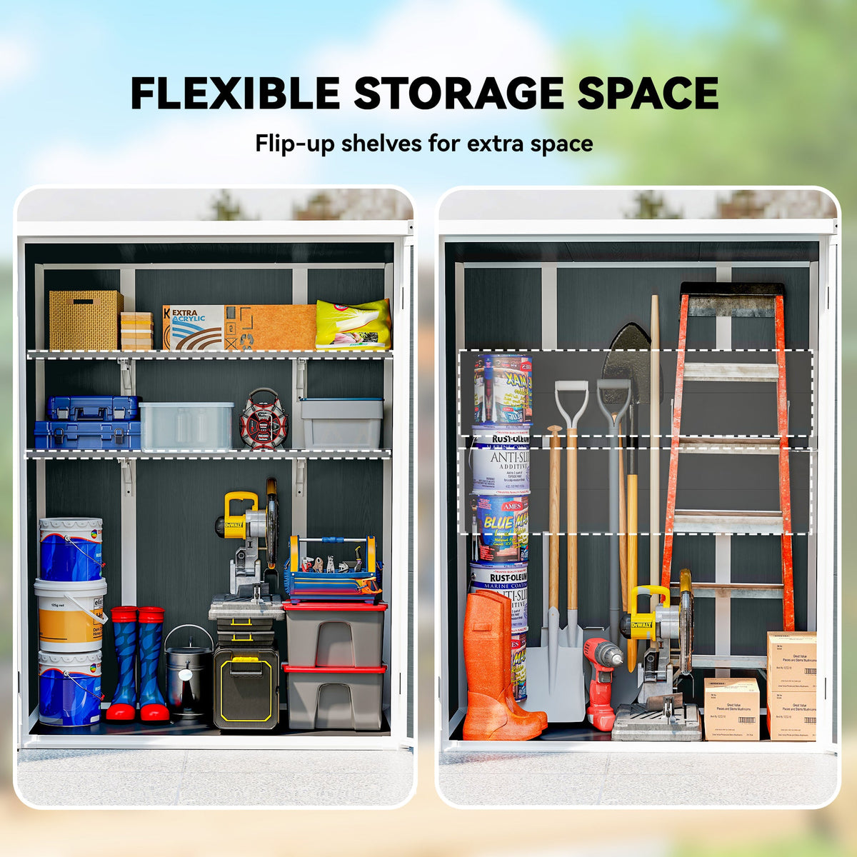 4.4' x 2.3' Plastic Garden Shed with Shelves and Floor, Distressed Grey