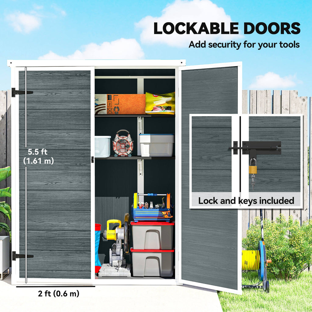 4.4' x 2.3' Plastic Garden Shed with Shelves and Floor, Distressed Grey