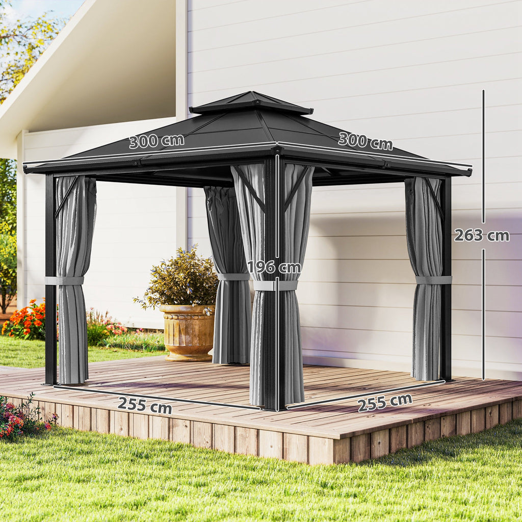 3 x 3m Hardtop Gazebo with Double Polycarbonate Roof, Curtains & Netting, Grey
