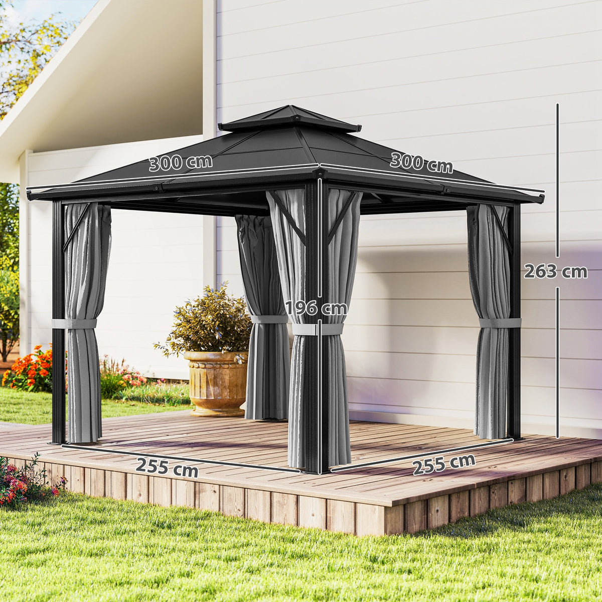 3 x 3m Hardtop Gazebo with Double Polycarbonate Roof, Curtains & Netting, Grey