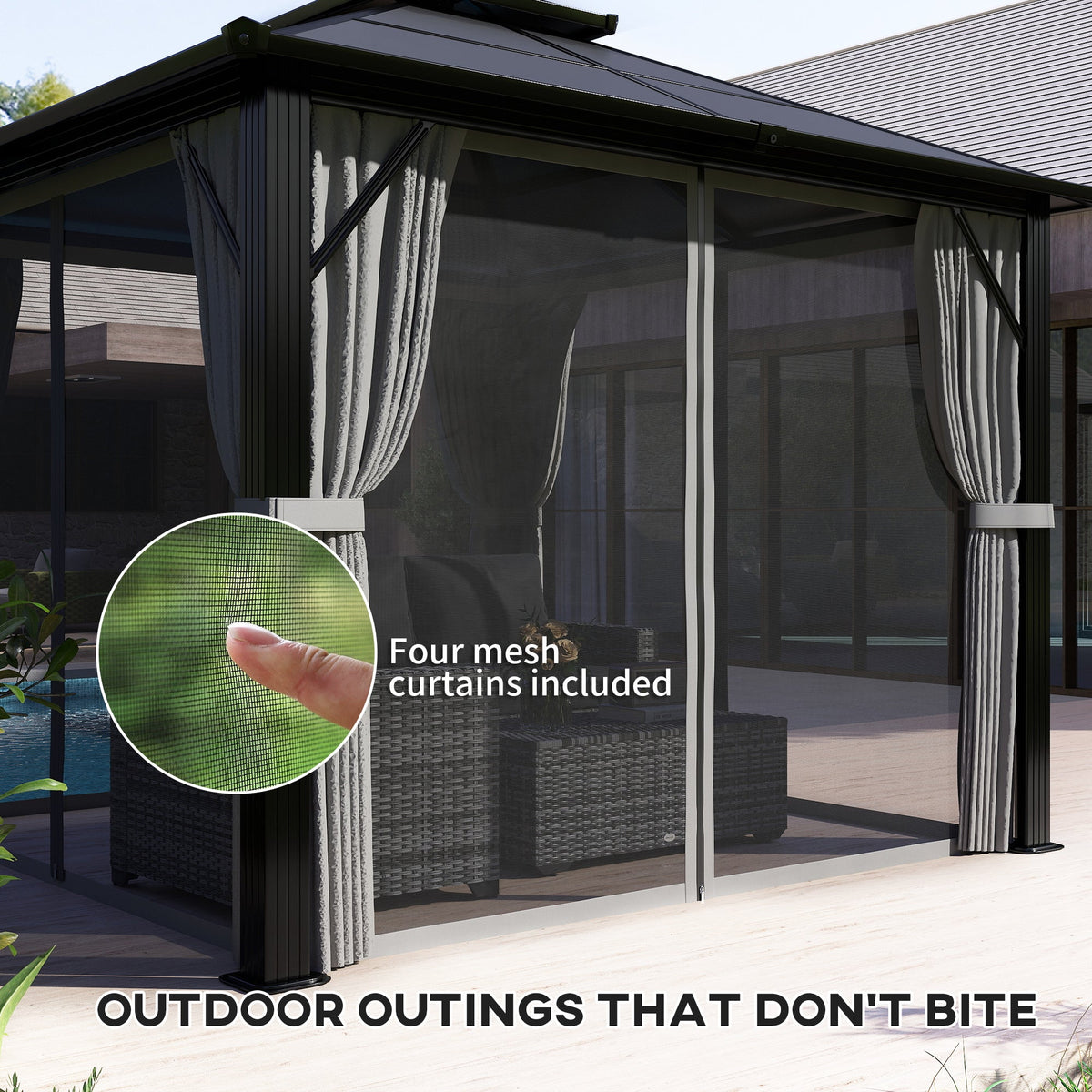 3 x 3m Hardtop Gazebo with Double Polycarbonate Roof, Curtains & Netting, Grey