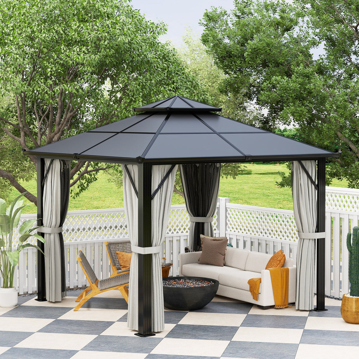 3 x 3m Hardtop Gazebo with Double Polycarbonate Roof, Curtains & Netting, Grey