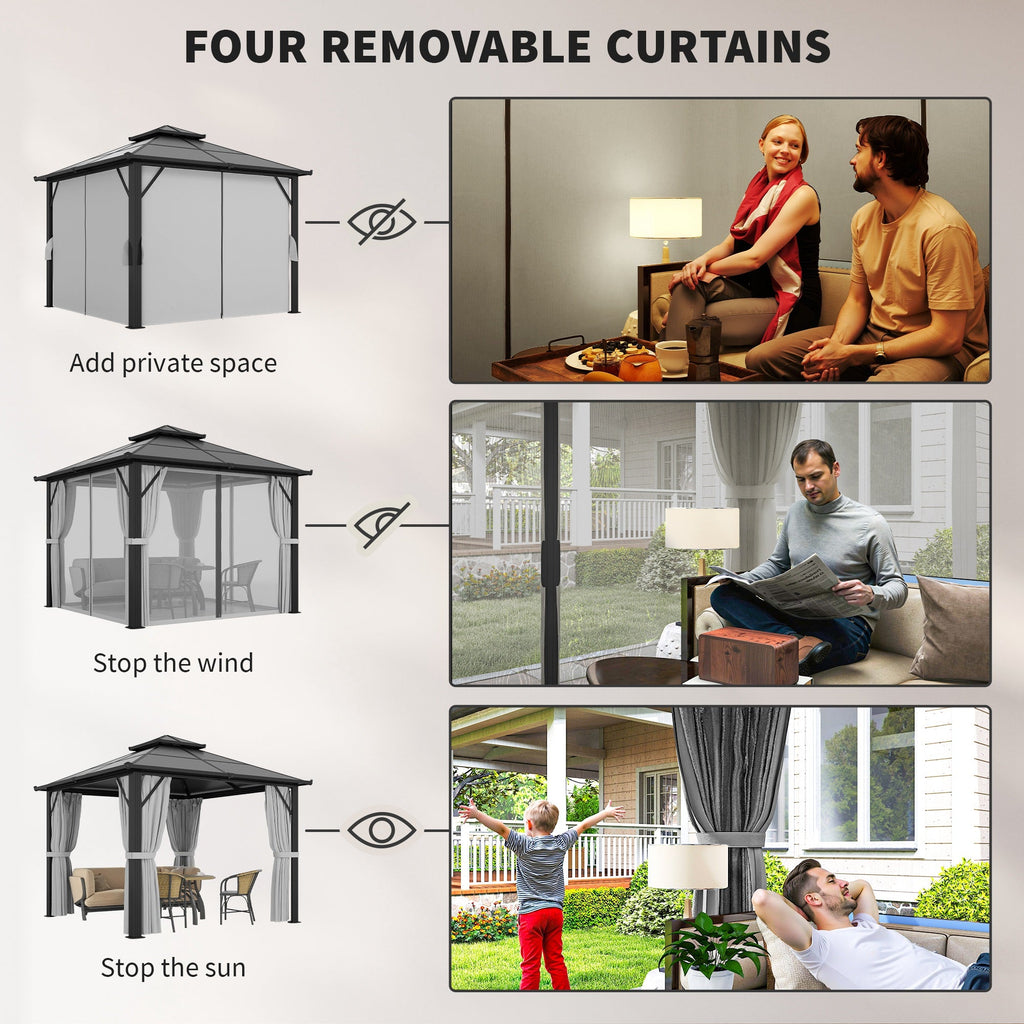 3 x 3m Hardtop Gazebo with Double Polycarbonate Roof, Curtains & Netting, Grey
