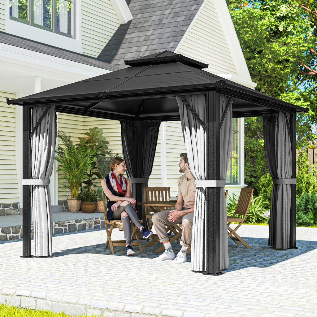 3 x 3m Hardtop Gazebo with Double Polycarbonate Roof, Curtains & Netting, Grey