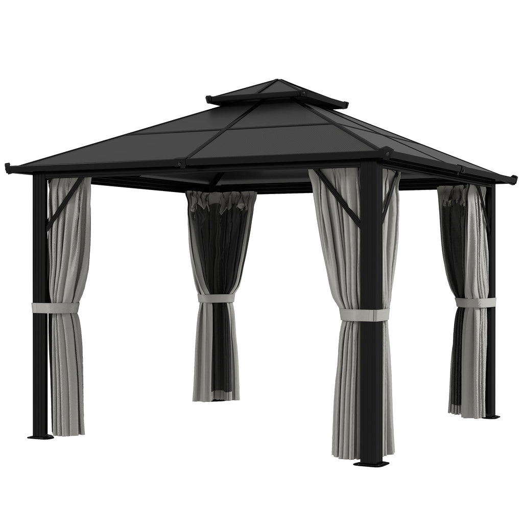 3 x 3m Hardtop Gazebo with Double Polycarbonate Roof, Curtains & Netting, Grey