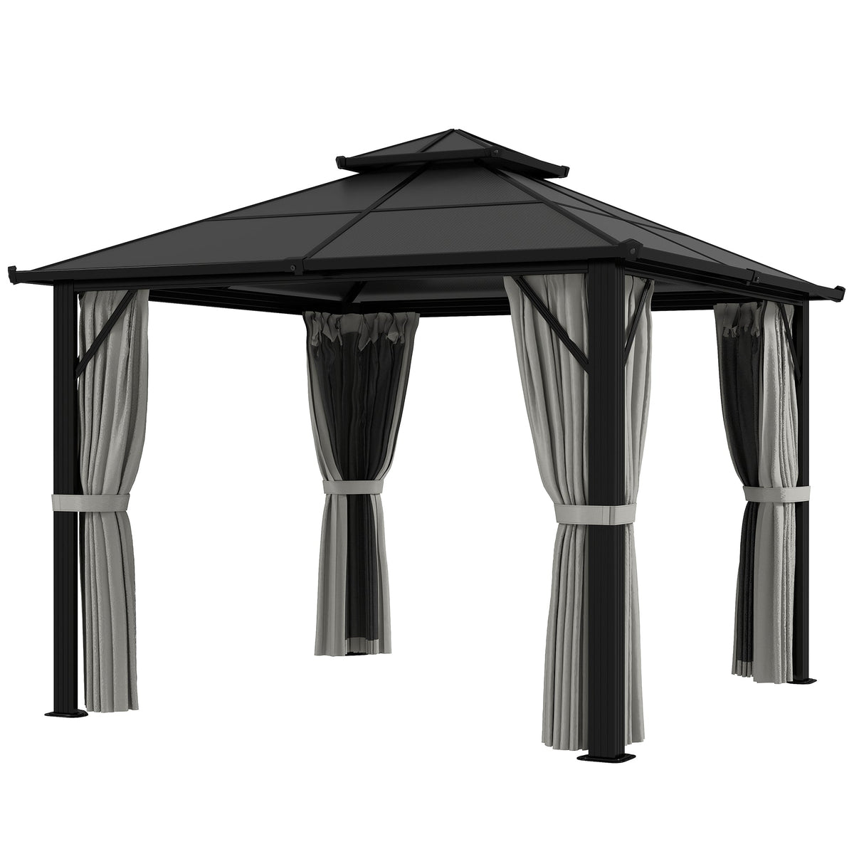 3 x 3m Hardtop Gazebo with Double Polycarbonate Roof, Curtains & Netting, Grey