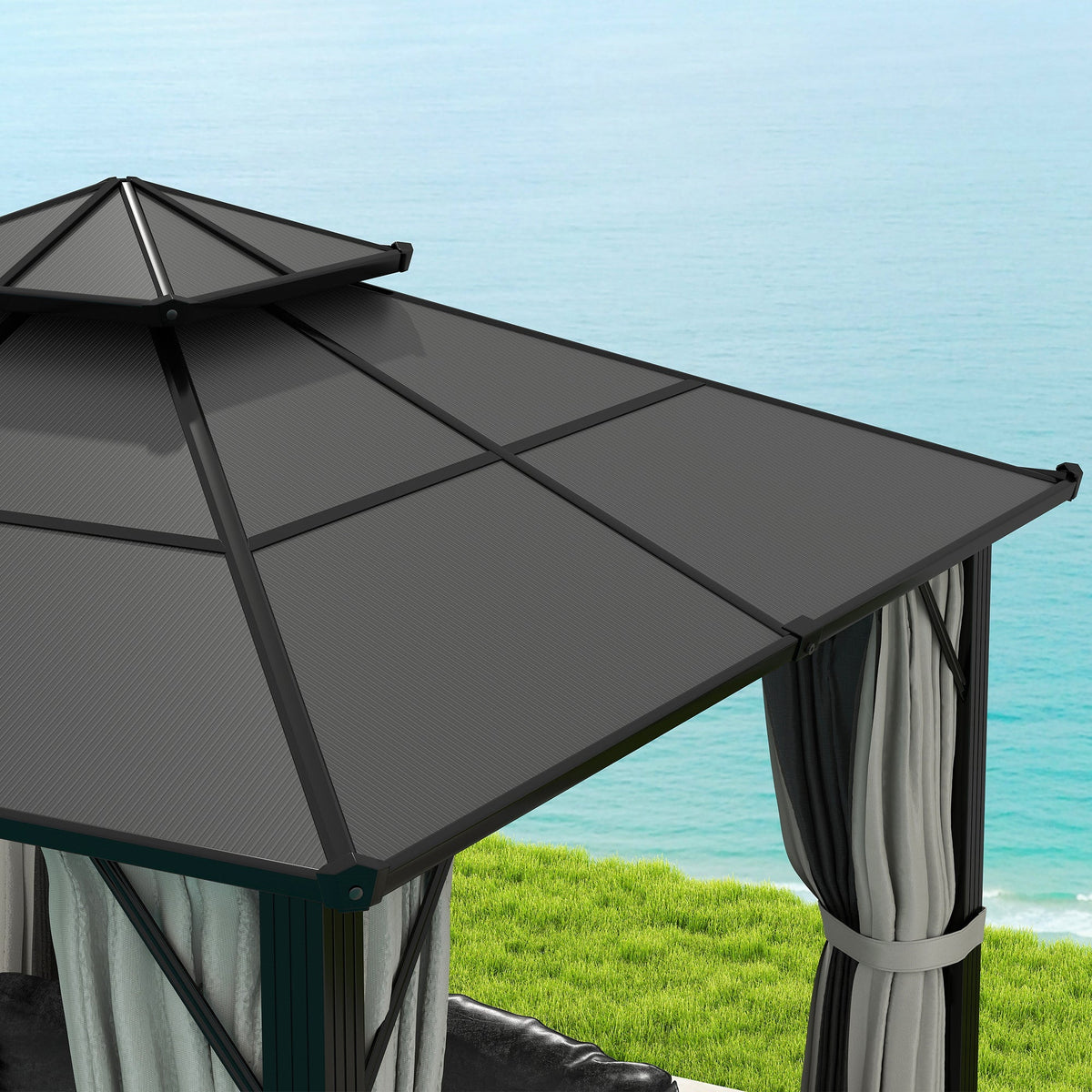 3 x 3m Hardtop Gazebo with Double Polycarbonate Roof, Curtains & Netting, Grey