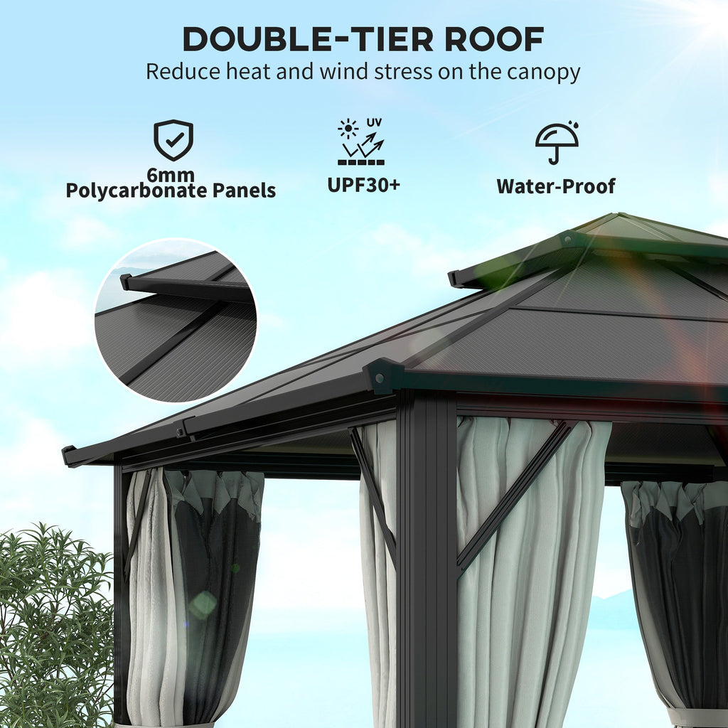 3 x 3m Hardtop Gazebo with Double Polycarbonate Roof, Curtains & Netting, Grey