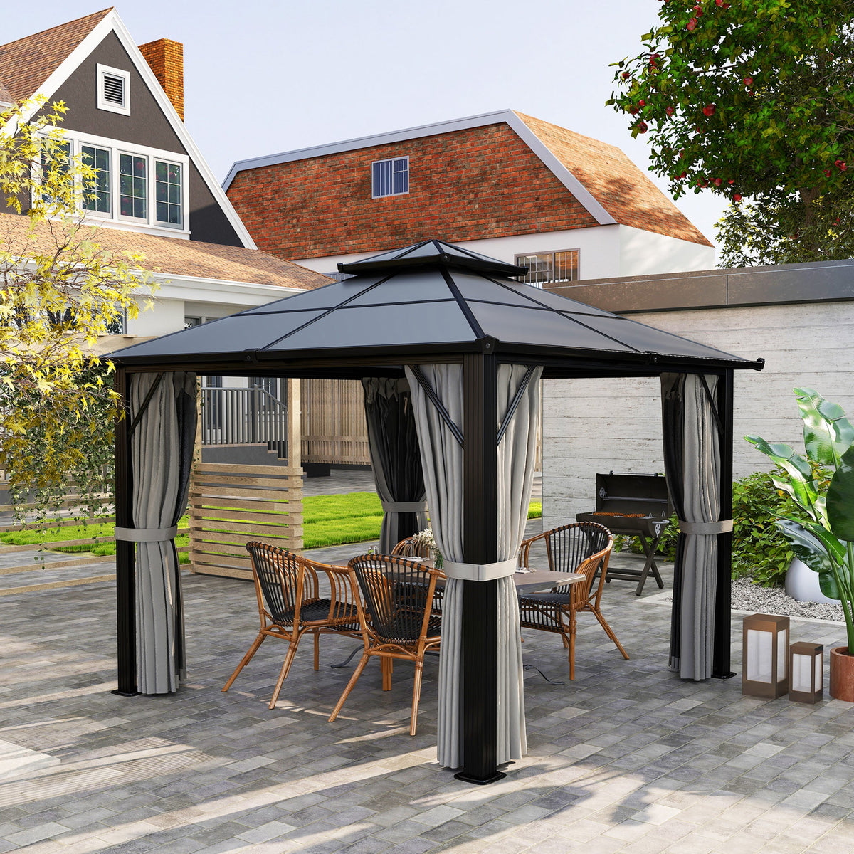 3 x 3m Hardtop Gazebo with Double Polycarbonate Roof, Curtains & Netting, Grey