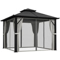 3 x 3m Hardtop Gazebo with Double Polycarbonate Roof, Curtains & Netting, Grey