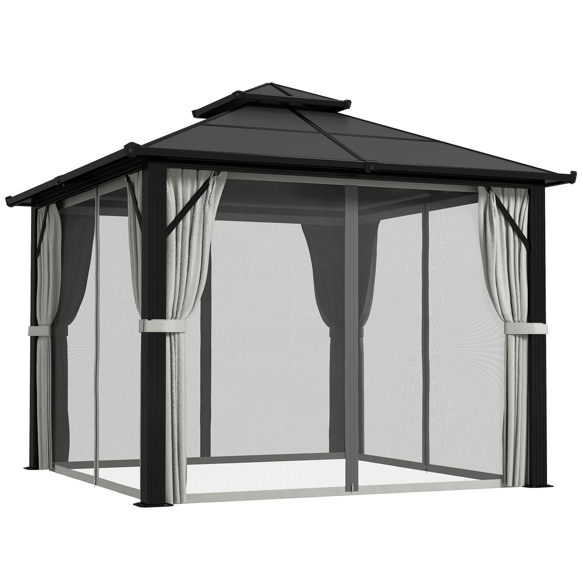 3 x 3m Hardtop Gazebo with Double Polycarbonate Roof, Curtains & Netting, Grey