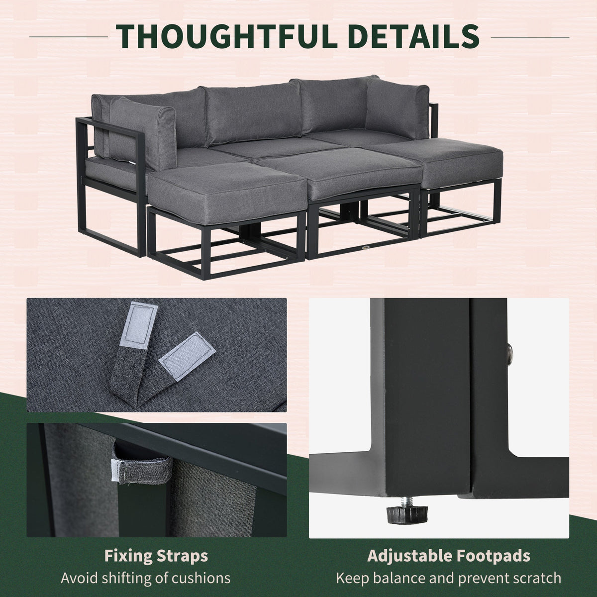 6pc Outdoor Patio Furniture Set with Daybed and Footstools, Grey