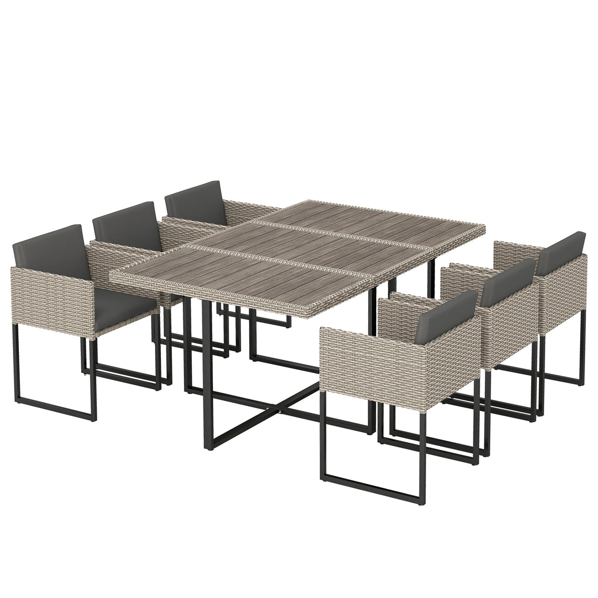 7-Piece Light Grey Rattan Dining Set with WPC Table, 6 Chairs & 12 Cushions