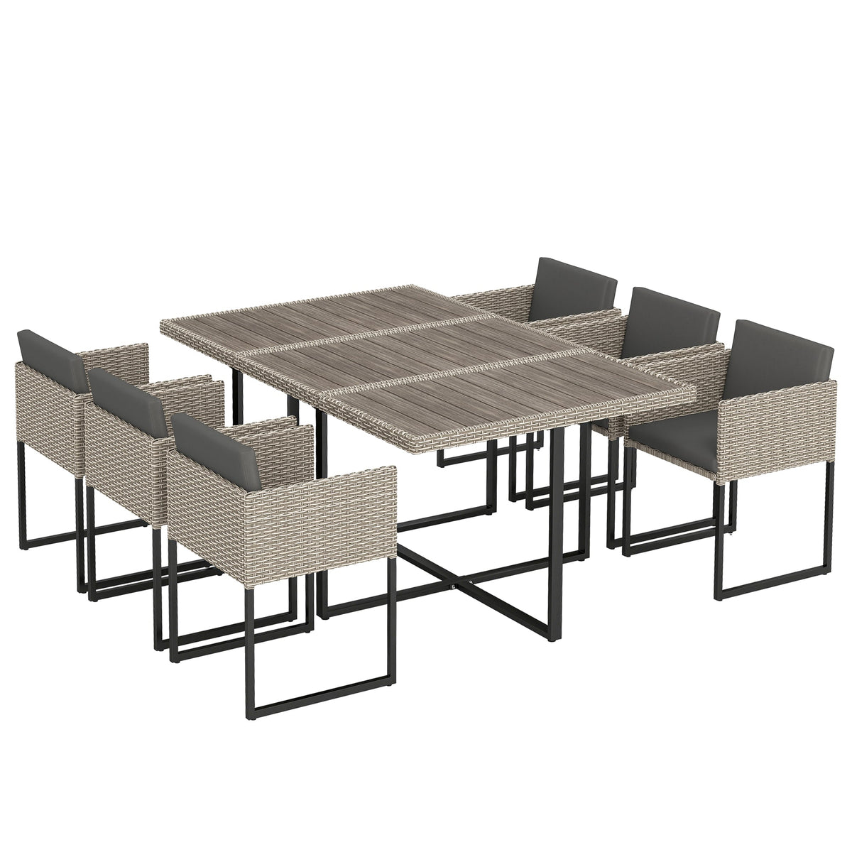 7-Piece Light Grey Rattan Dining Set with WPC Table, 6 Chairs & 12 Cushions
