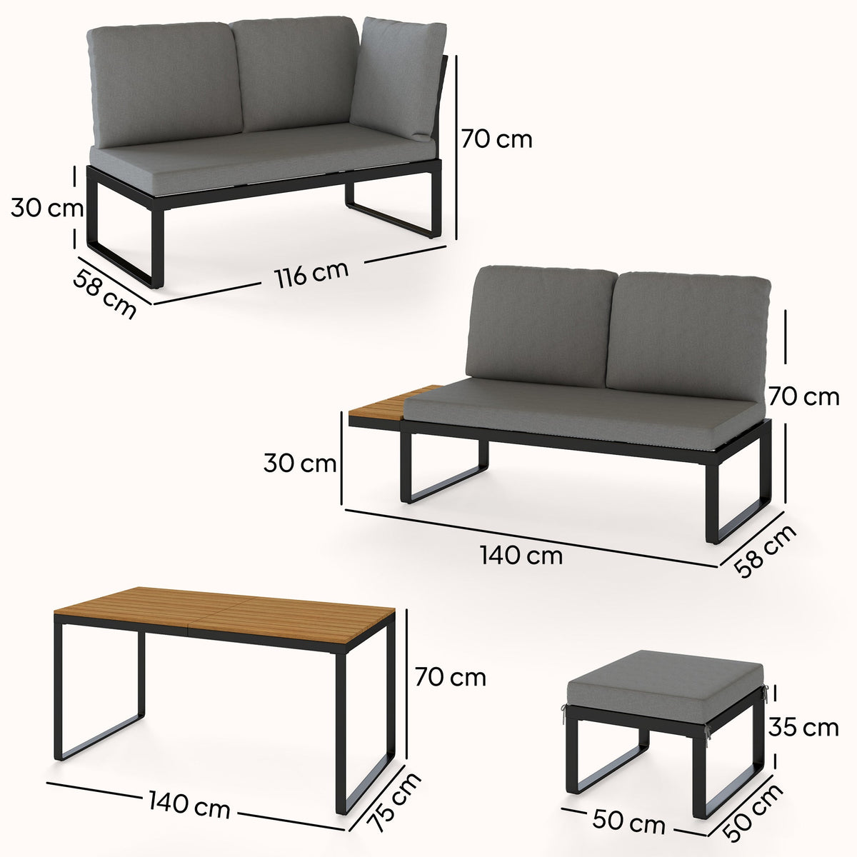 FlexNook 6-Piece Corner Sofa Set for 6-8, Aluminium Frame with Cushions, Grey