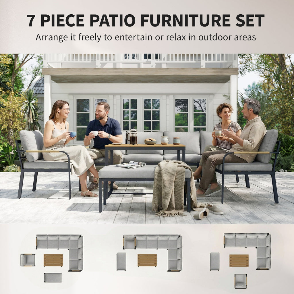 7 Seater Garden Furniture Set with Faux Wood Table, Light Grey