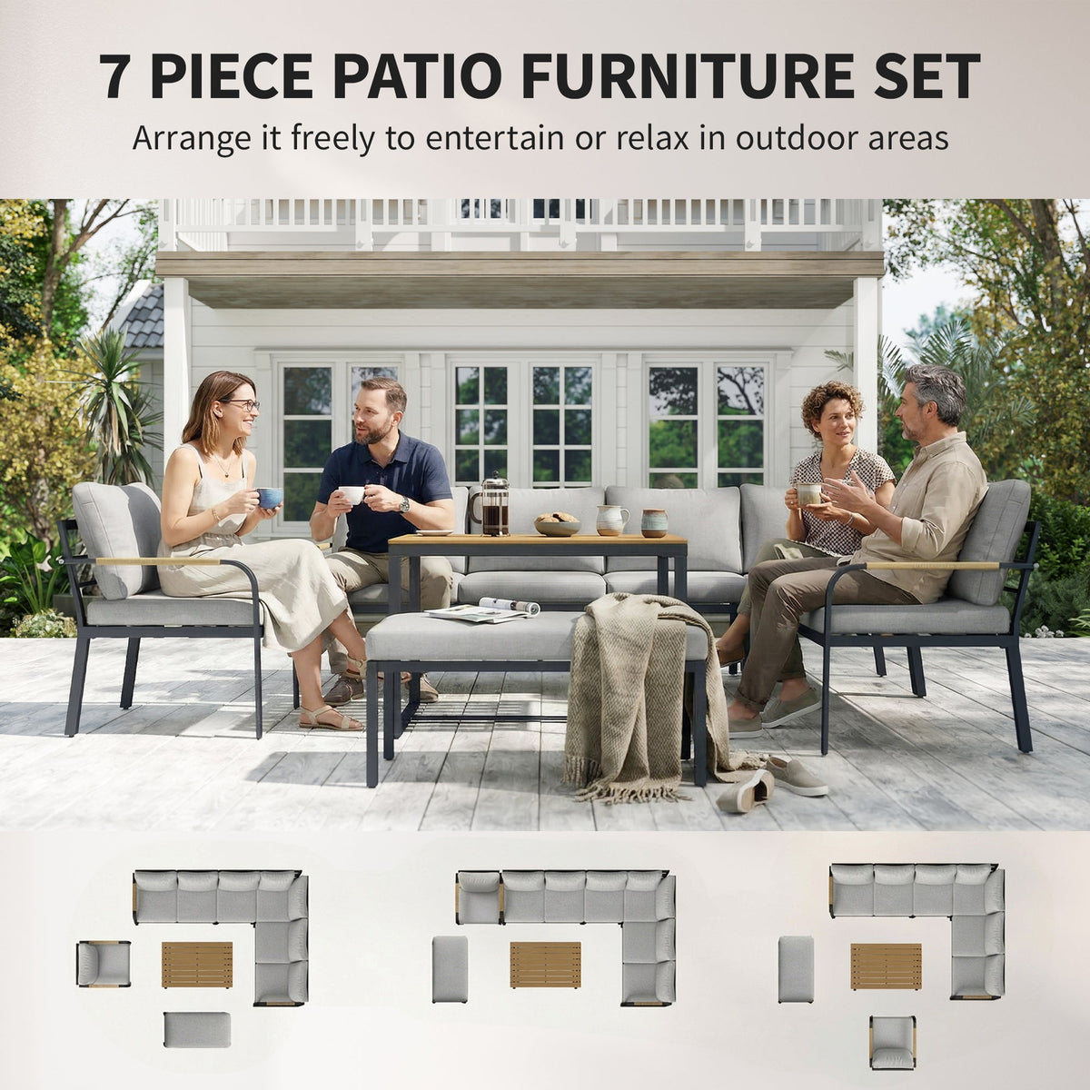 7 Seater Garden Furniture Set with Faux Wood Table, Light Grey
