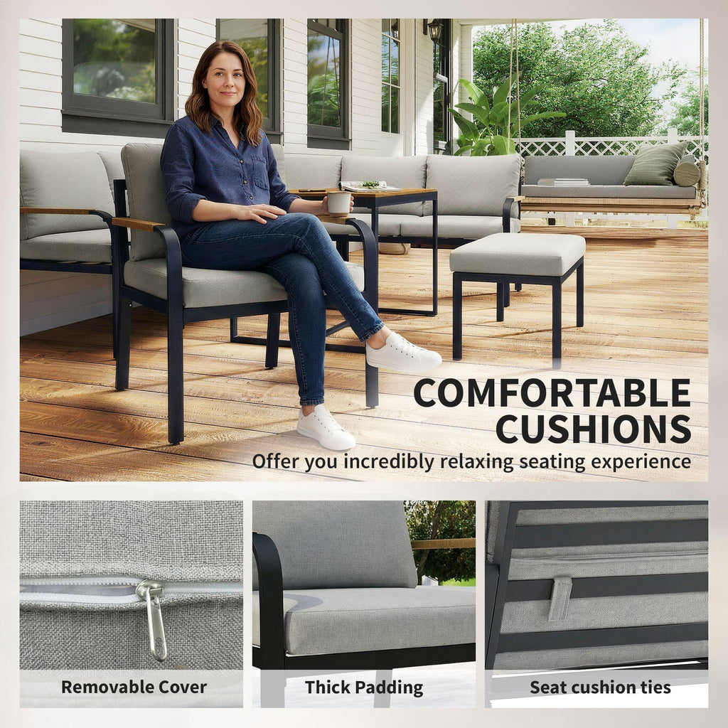 7 Seater Garden Furniture Set with Faux Wood Table, Light Grey