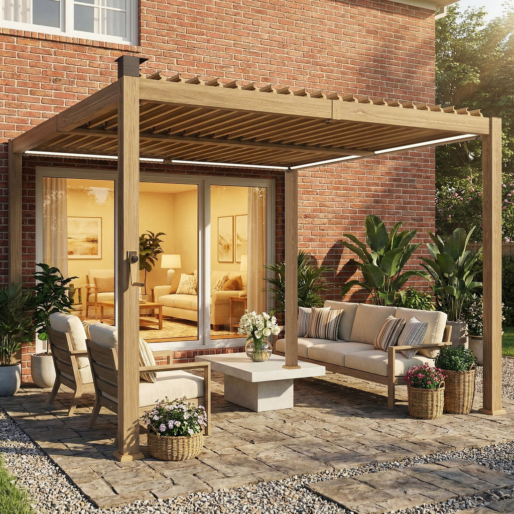 10' x 10' Louvered Pergola with Solar LED Lights and Adjustable Roof, Brown