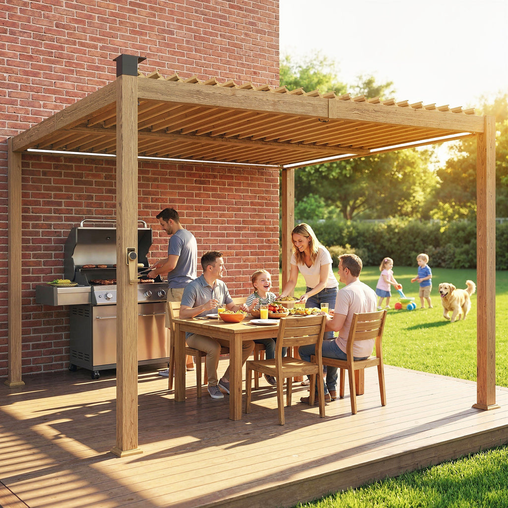 10' x 10' Louvered Pergola with Solar LED Lights and Adjustable Roof, Brown