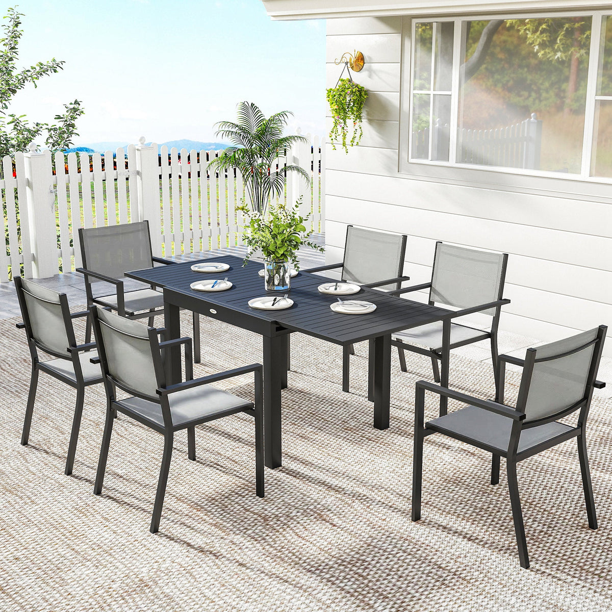 7 Piece Outdoor Dining Set with Extendable Table and Stackable Chairs