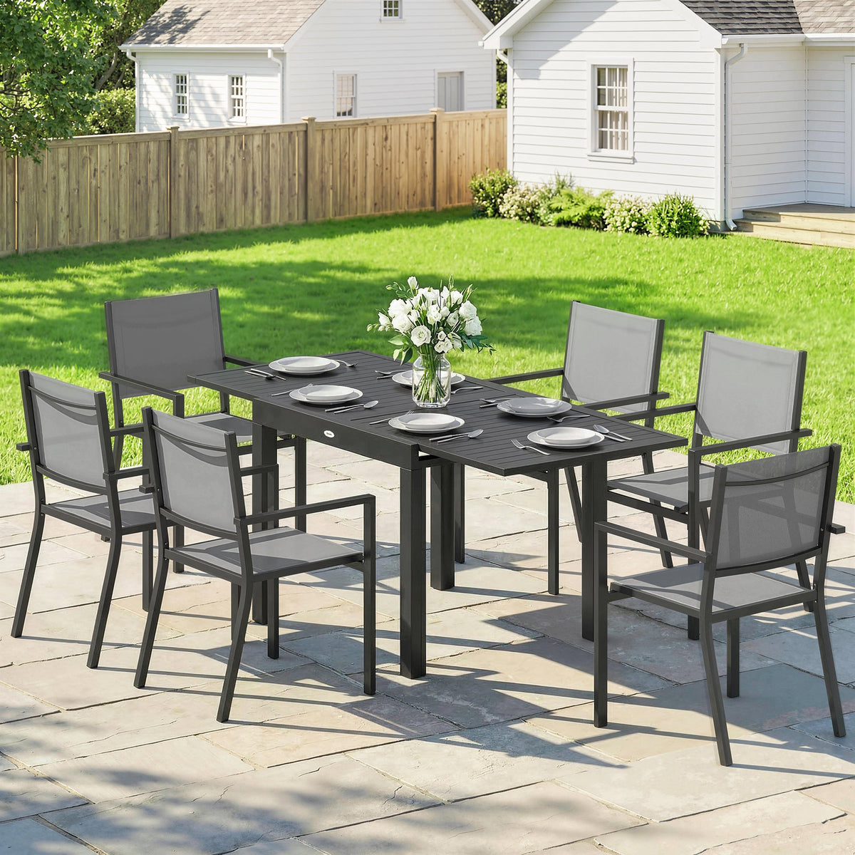 7 Piece Outdoor Dining Set with Extendable Table and Stackable Chairs