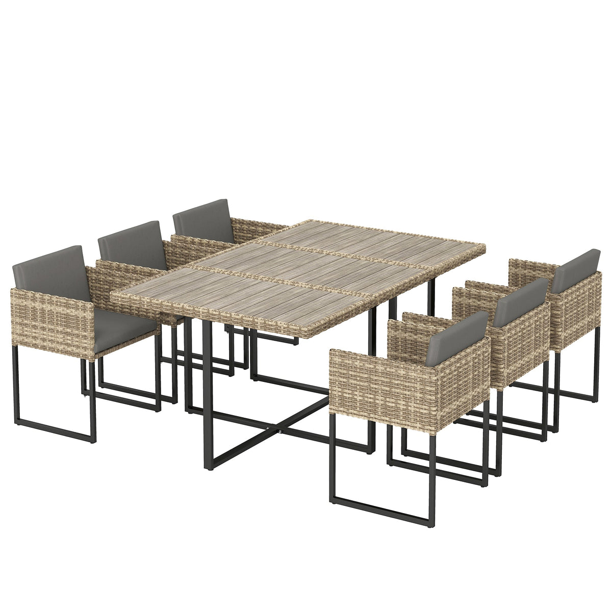 7-Piece Light Brown Rattan Dining Set with WPC Table, 6 Chairs & 12 Cushions