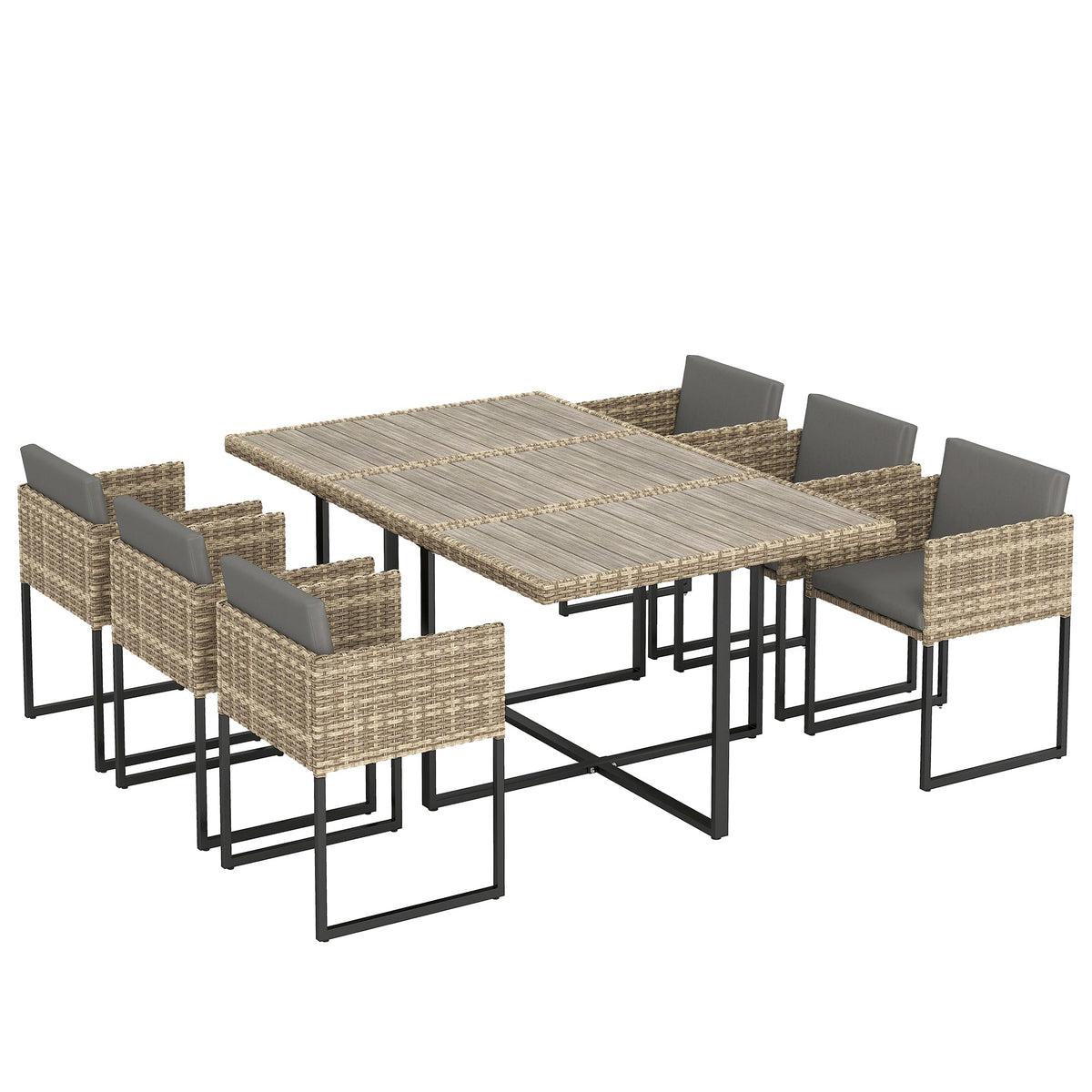 7-Piece Light Brown Rattan Dining Set with WPC Table, 6 Chairs & 12 Cushions