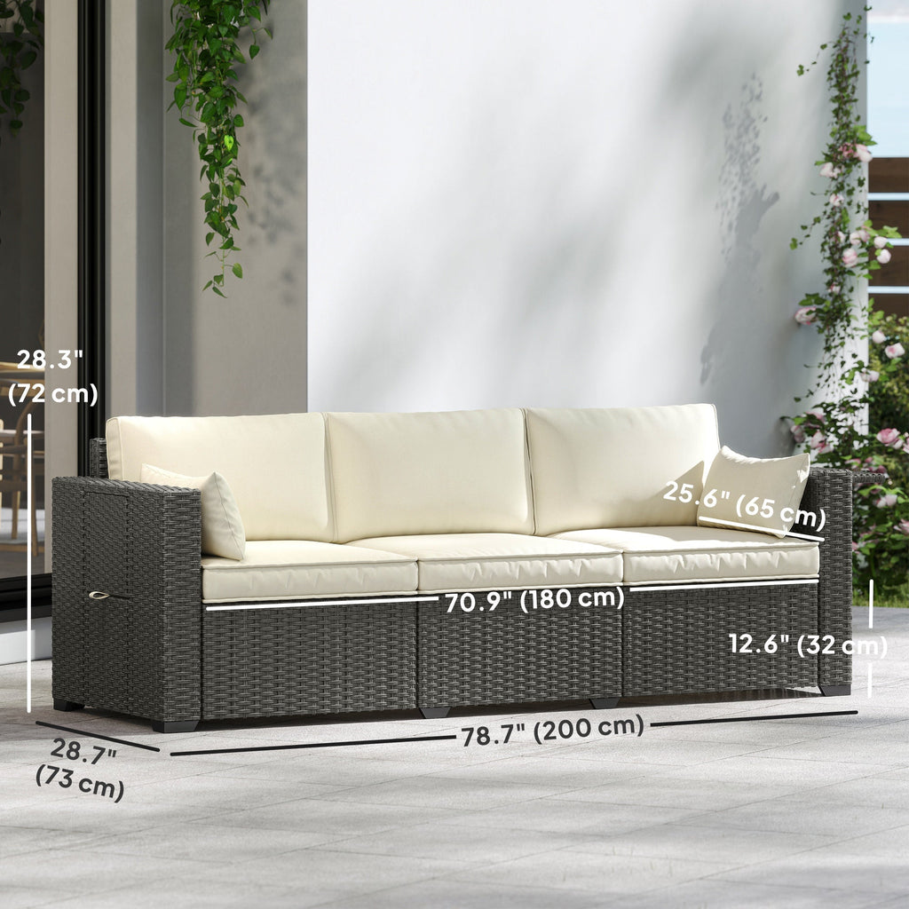 3-Seater Wicker Outdoor Sofa with Side Trays & Thick Cushions, Cream White