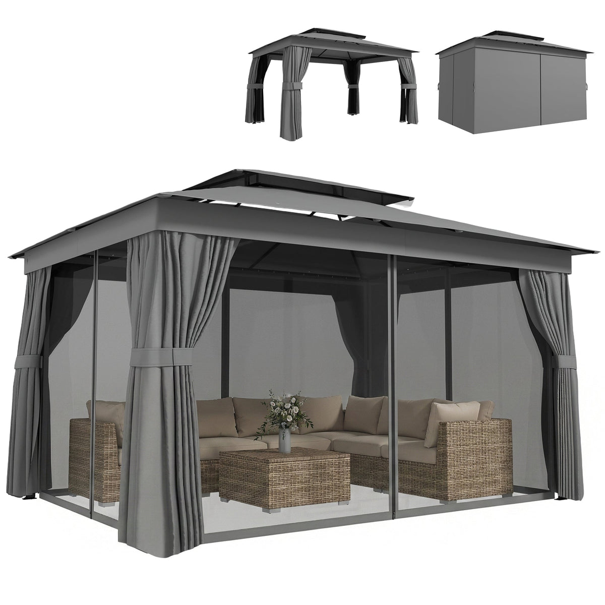 10' x 12.5' Outdoor Gazebo with Double Roof, Curtains and Netting, Dark Grey