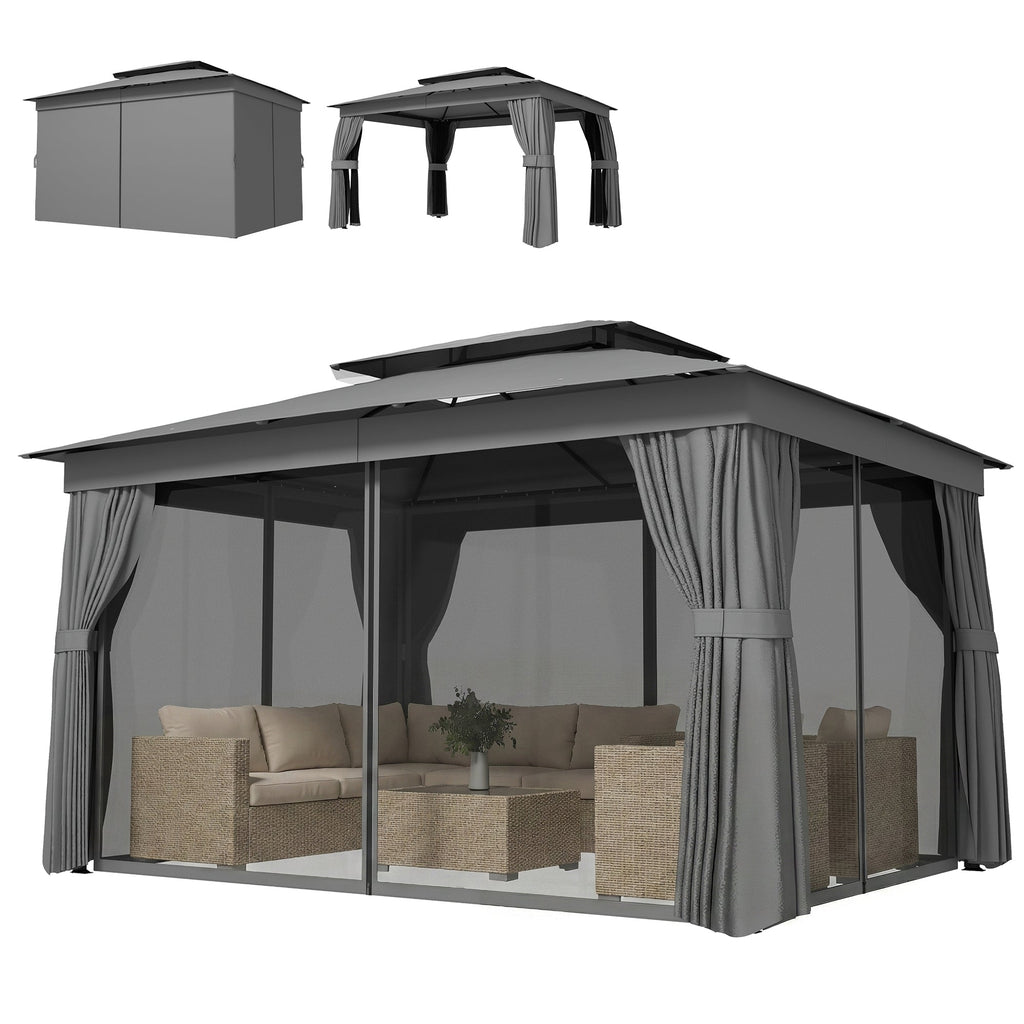 10' x 12.5' Outdoor Gazebo with Double Roof, Curtains and Netting, Dark Grey