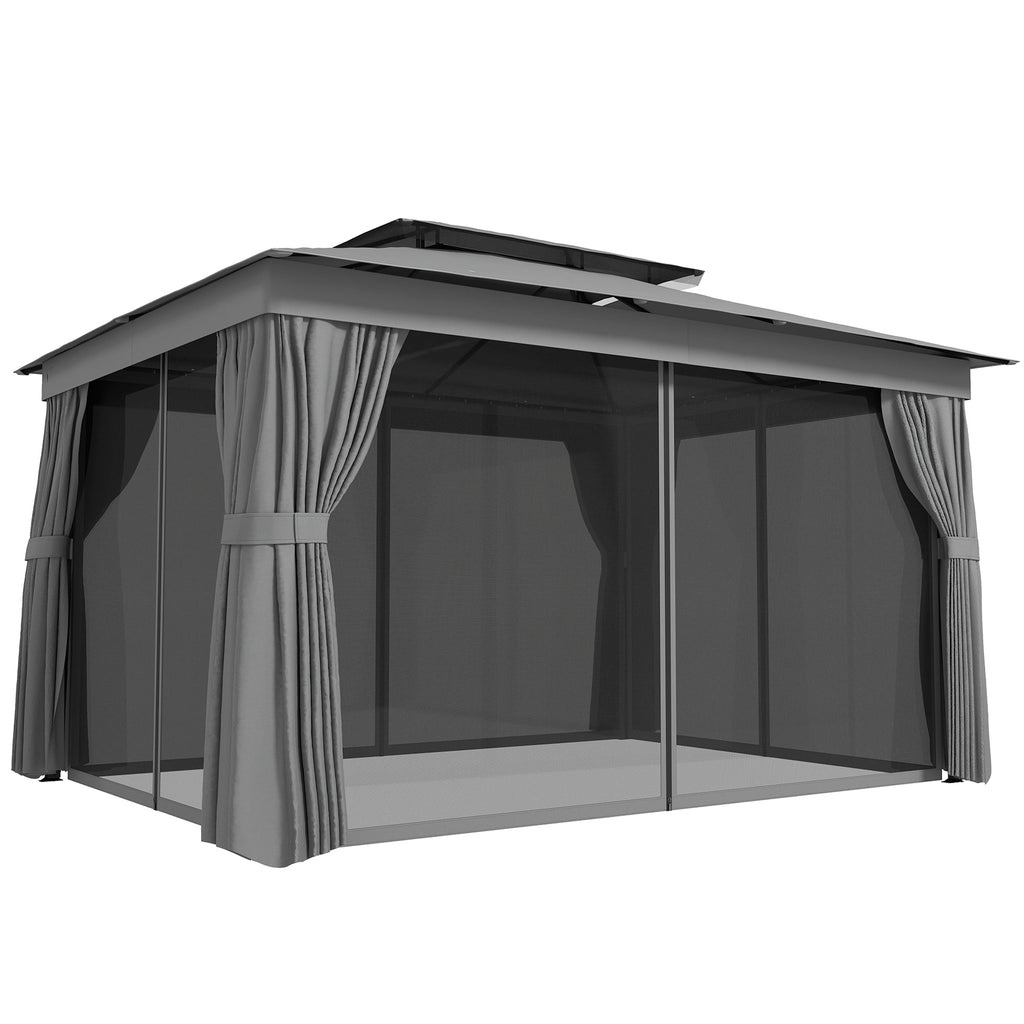 10' x 12.5' Outdoor Gazebo with Double Roof, Curtains and Netting, Dark Grey