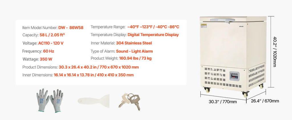 58L Ultra Low Temperature Freezer, −40°F to −123°F Adjustable Range, 304 Stainless Steel Liner, Digital Display with Rollers, DOBA-LF58