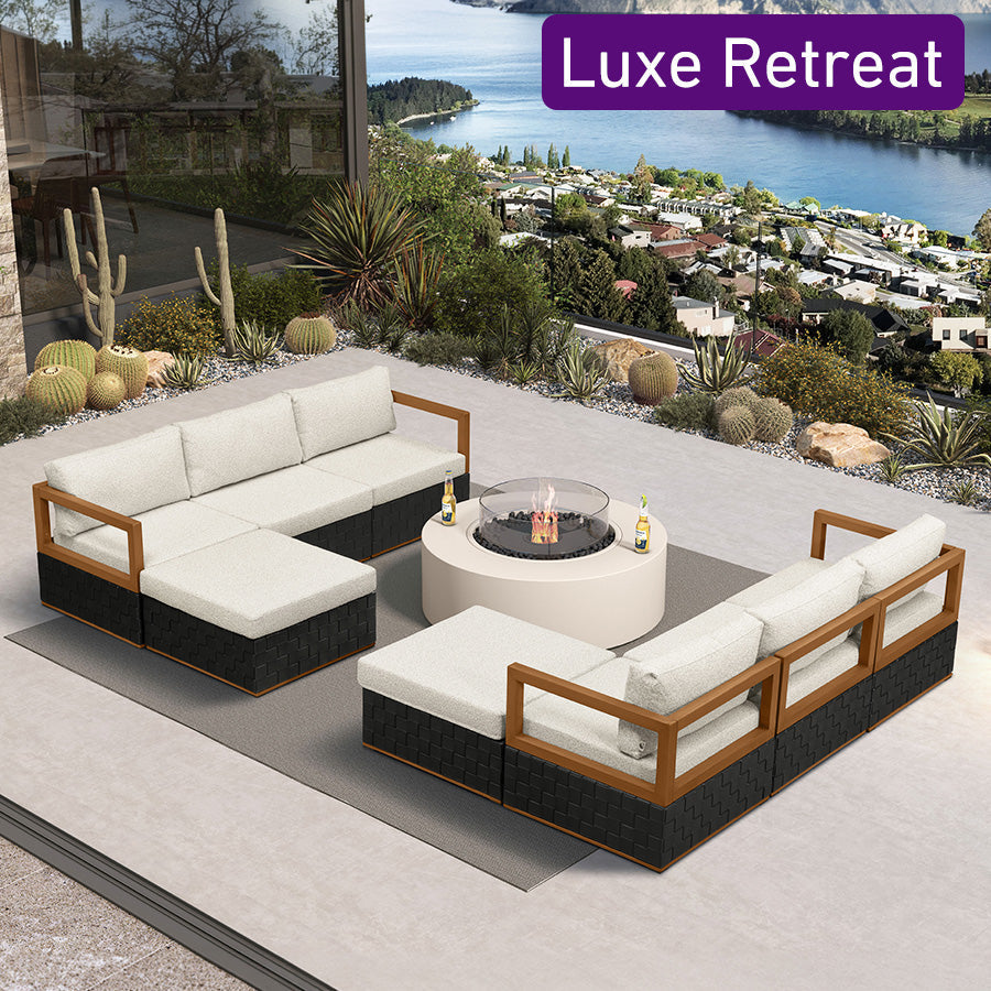 PURPLE LEAF Griffin L-shaped Patio Conversation Set Black with Cushion Pillows Ottoman and Premium Leather for Patio Balcony