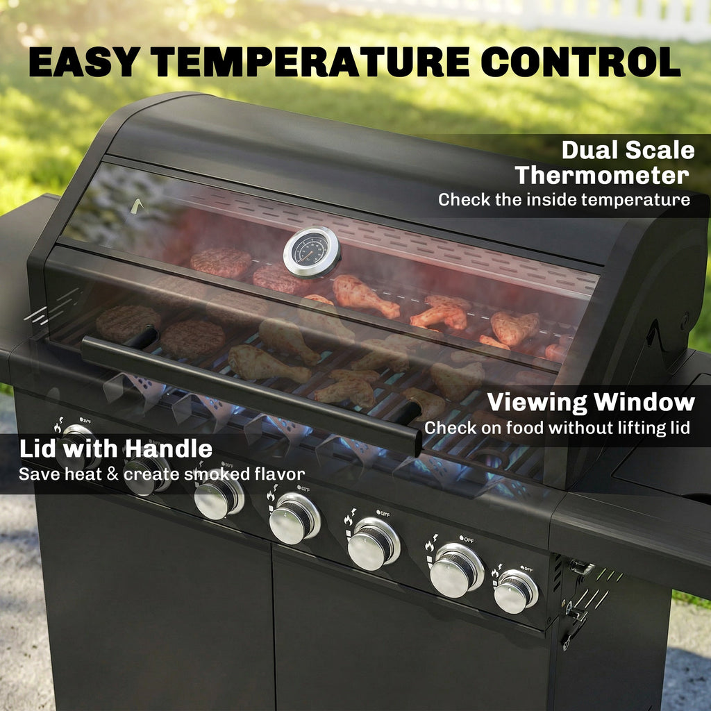 6+1 Burner Gas BBQ Grill with Cabinet and Viewing Window, Black