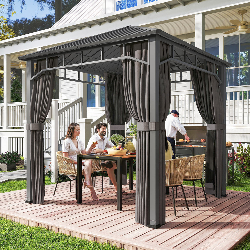 2.5 x 2.5 m Hardtop Gazebo with Galvanised Roof, Netting & Curtains, Dark Grey