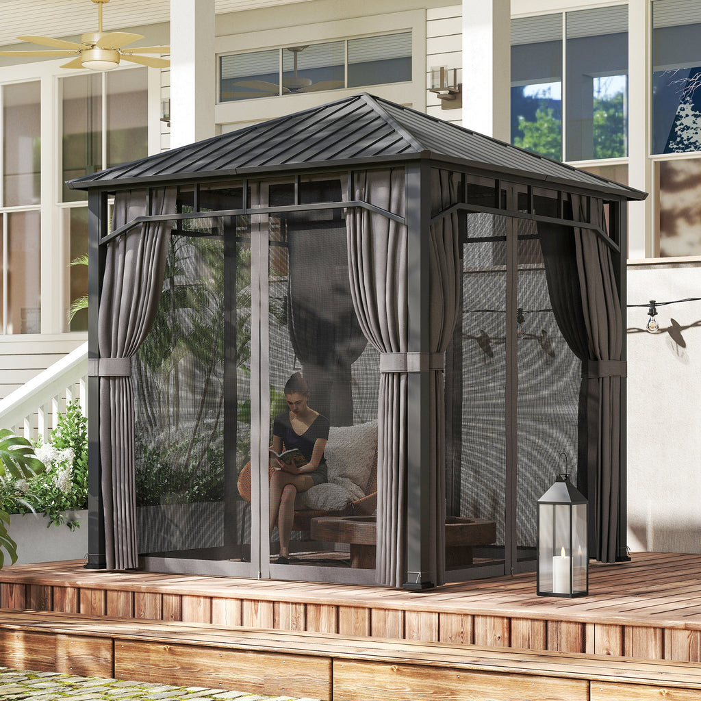 2.5 x 2.5 m Hardtop Gazebo with Galvanised Roof, Netting & Curtains, Dark Grey