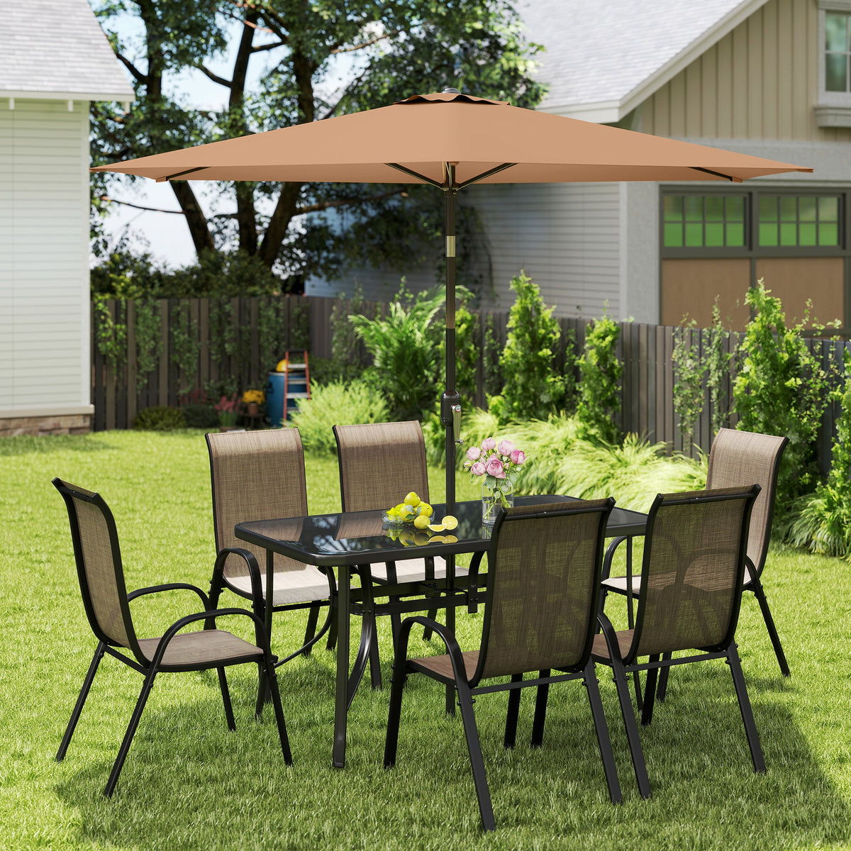 8-Piece Patio Dining Set with 9 Ft Umbrella, Mixed Brown